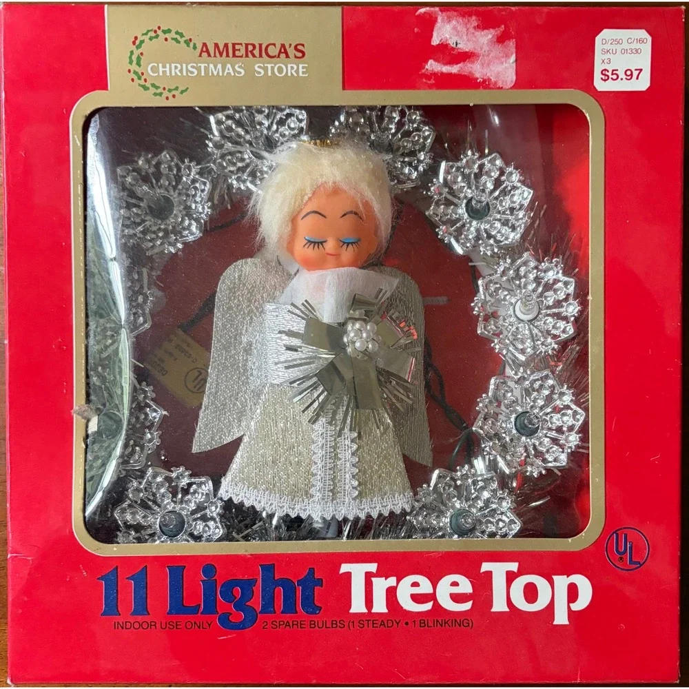 Vintage Americas Christmas Store Angel Tree Topper Silver Tinsel Wreath
